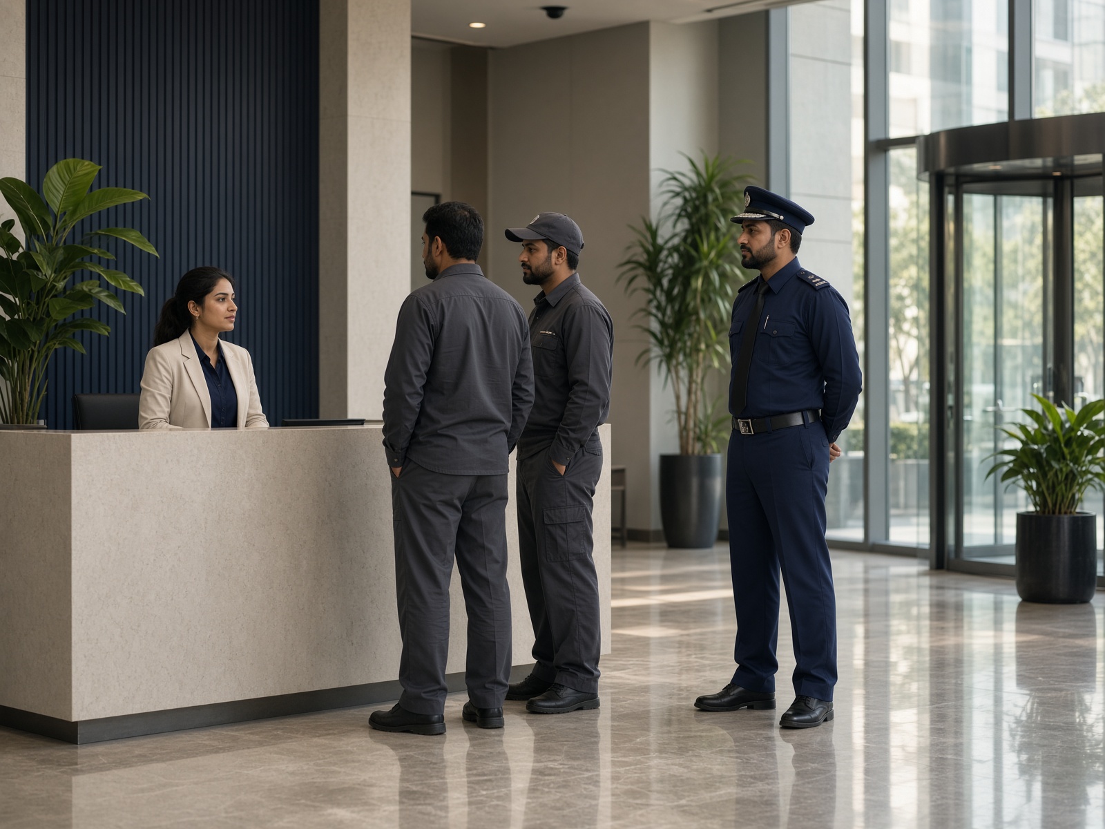 Corporate lobby staff in navy shirts, cream blazers, and security uniforms in Karachi