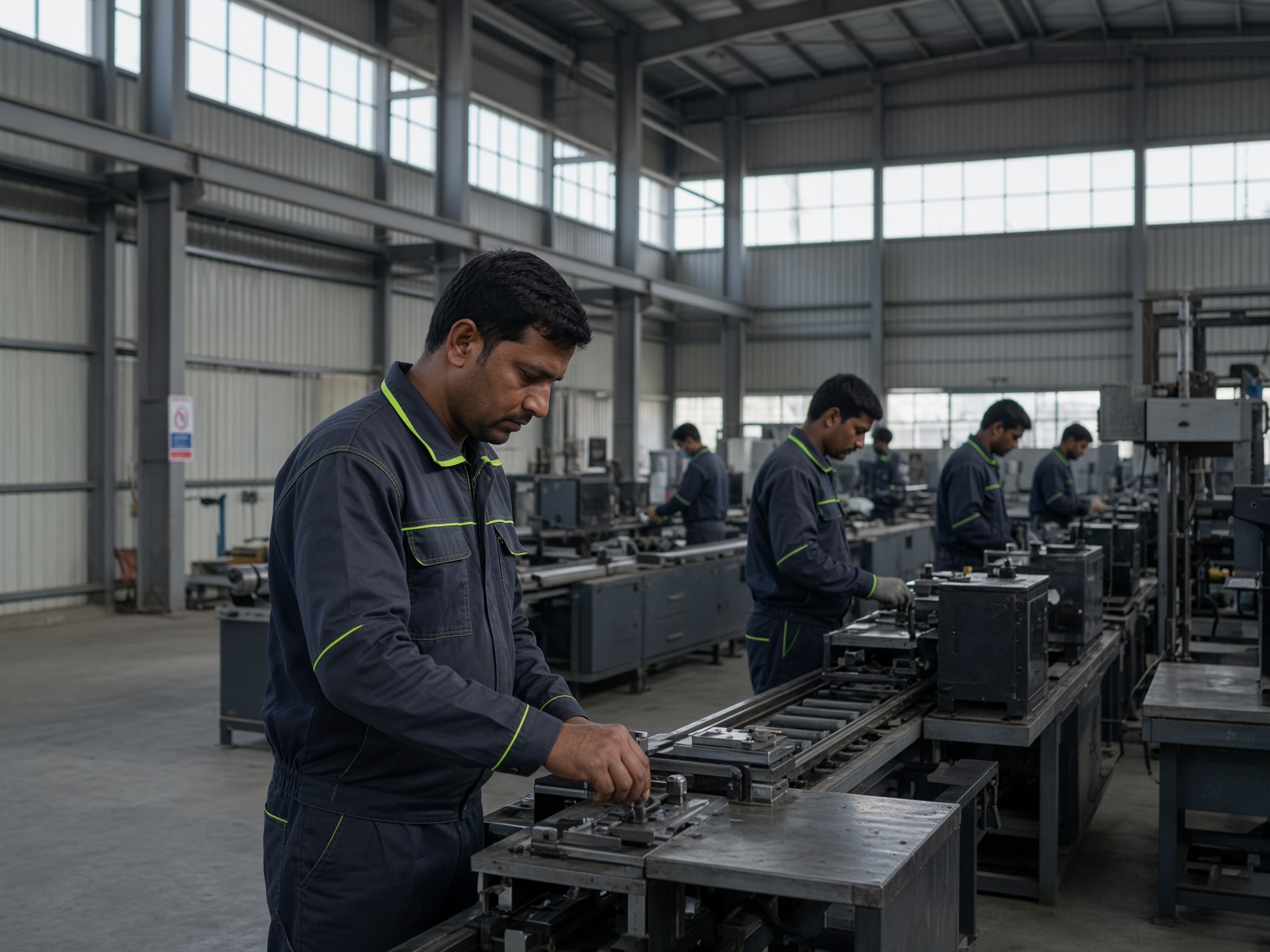 Factory workers in navy industrial coveralls on a manufacturing floor in Pakistan
