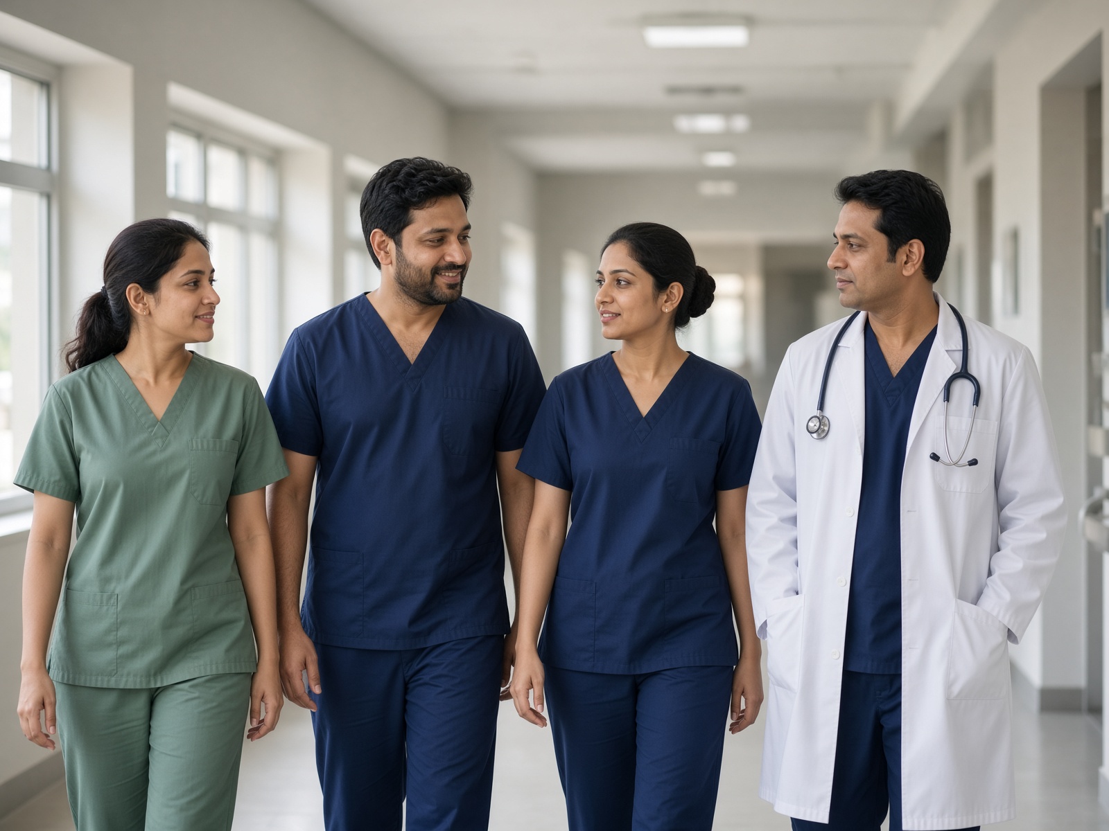 Doctors and nurses in custom sage and navy hospital scrubs in Pakistan