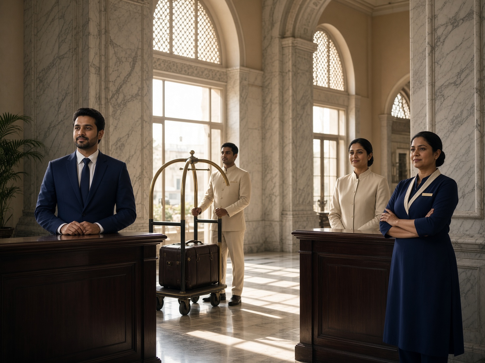 Hotel staff in custom navy and cream hospitality uniforms in a marble lobby in Pakistan